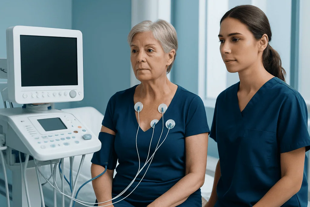 Elderly woman undergoing a medical ECG test at a hospital.