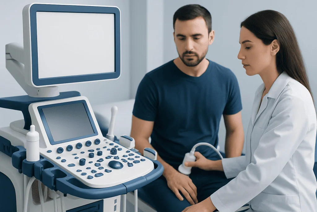Medical professional performing an ultrasound on a male patient in a clinical setting.
