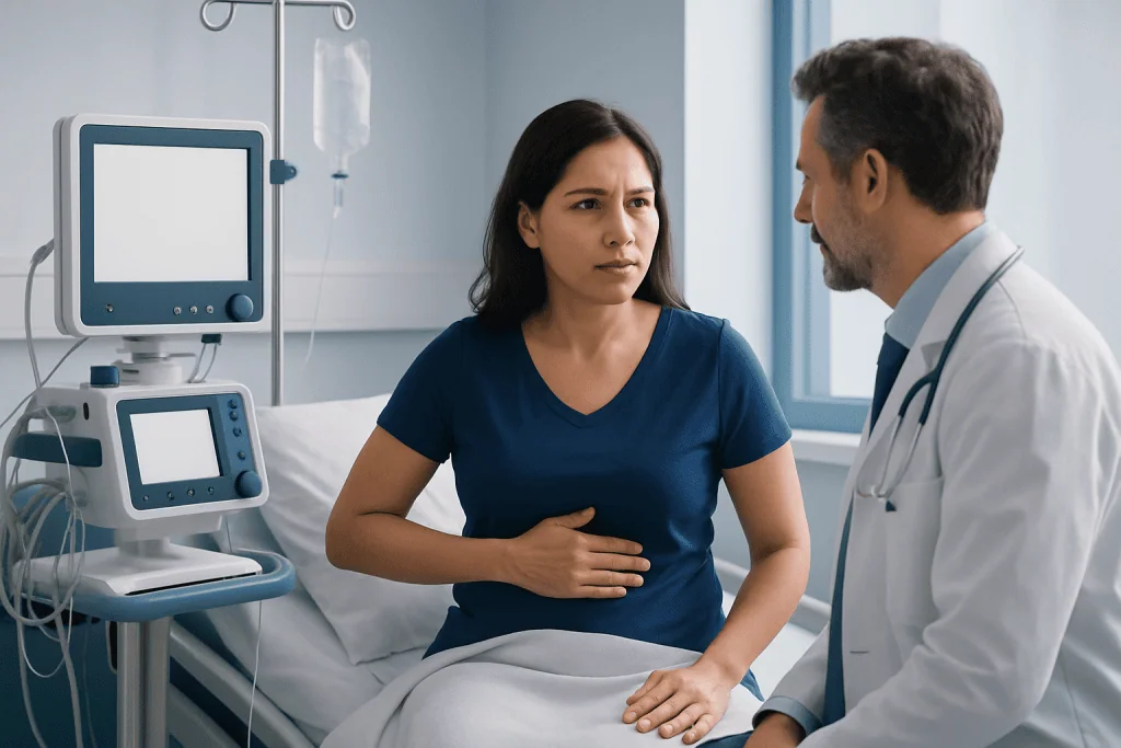 Doctor consulting with a woman patient in hospital room about liver health.