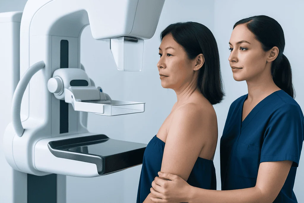 Woman undergoing mammogram at Acibadem Hospital for breast cancer screening.