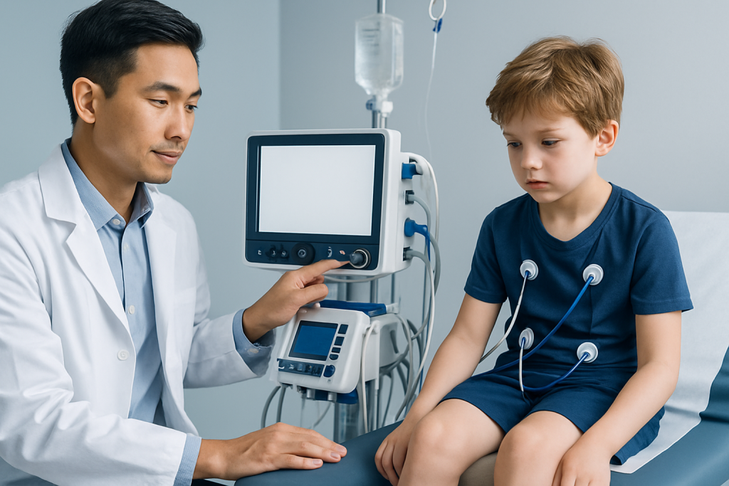 Doctor examining a young boy with medical equipment in a hospital room.