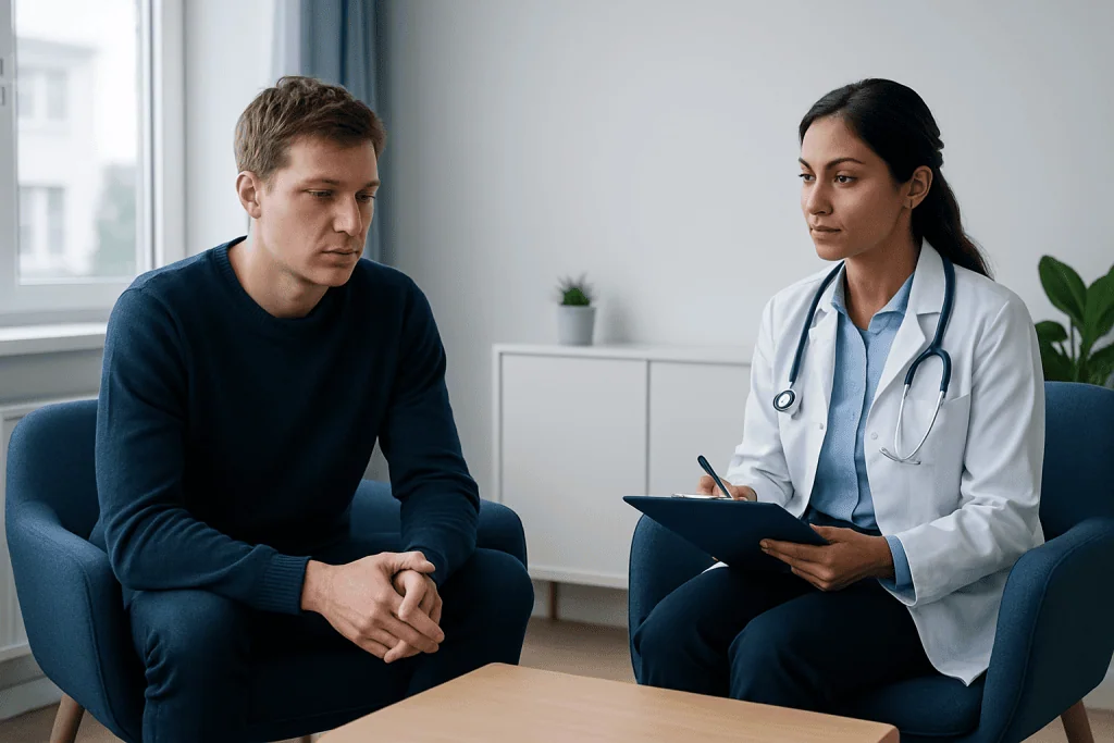 Psychologist consulting with a patient in a therapy session.