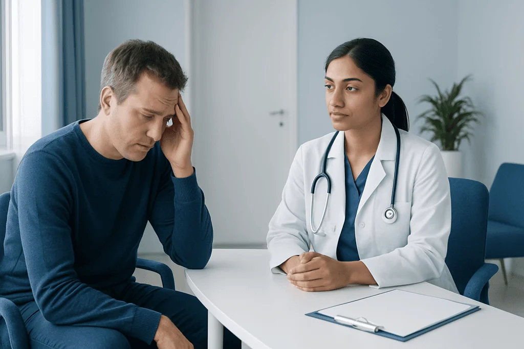 Patient experiencing stress during medical consultation at Acibadem Hospital.