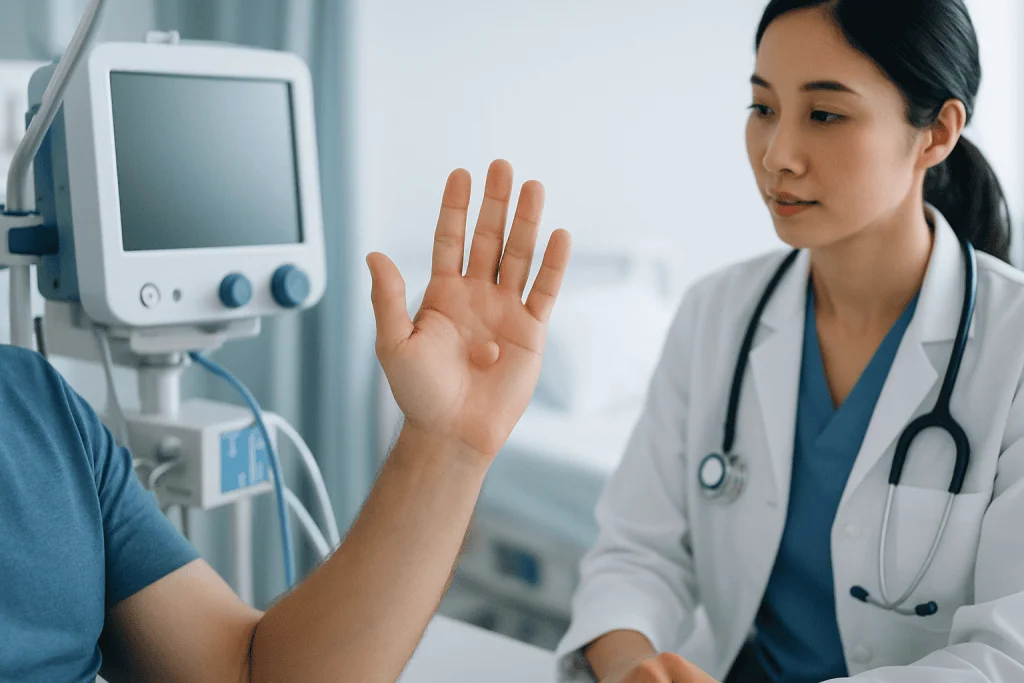 Doctor examining patient's hand with medical equipment in hospital.