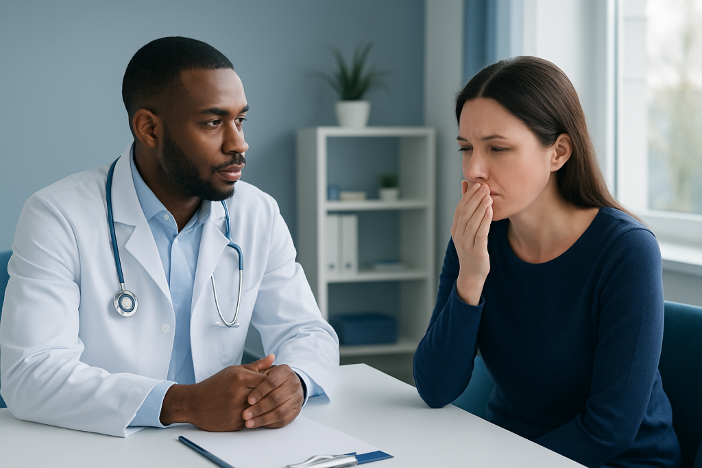 Doctor consulting with a patient about health concerns in a medical office.