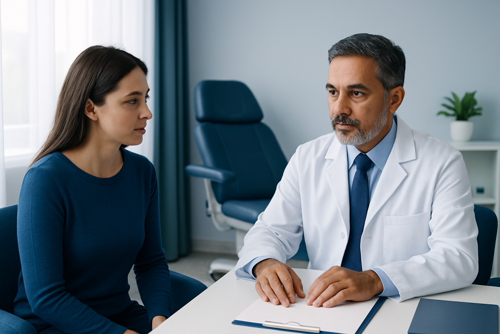 Doctor consulting with a patient in a modern medical office.
