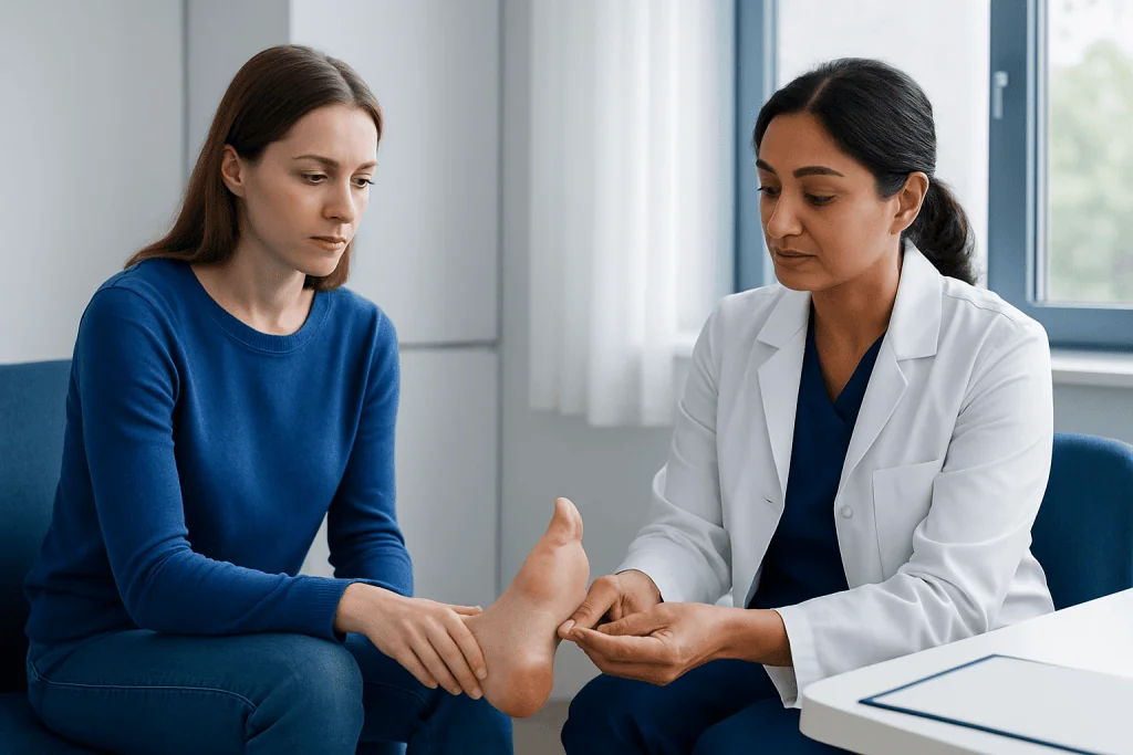 Medical professional examining a patient's foot in a clinical setting.