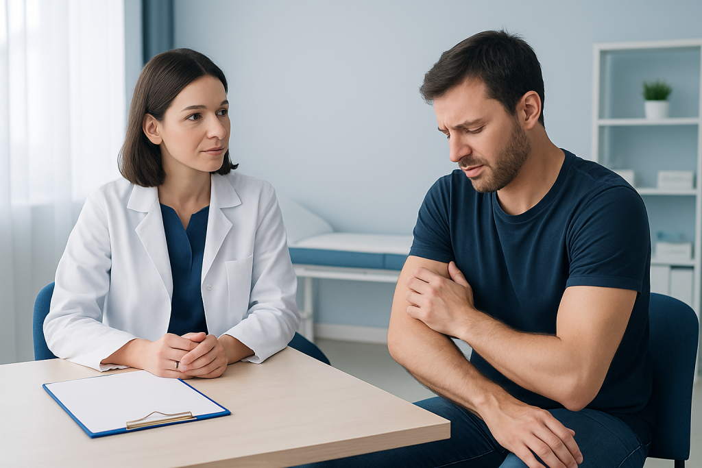 Doctor consulting with a male patient in a medical office setting.