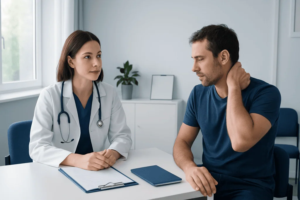 Doctor consulting with male patient in a medical office setting.