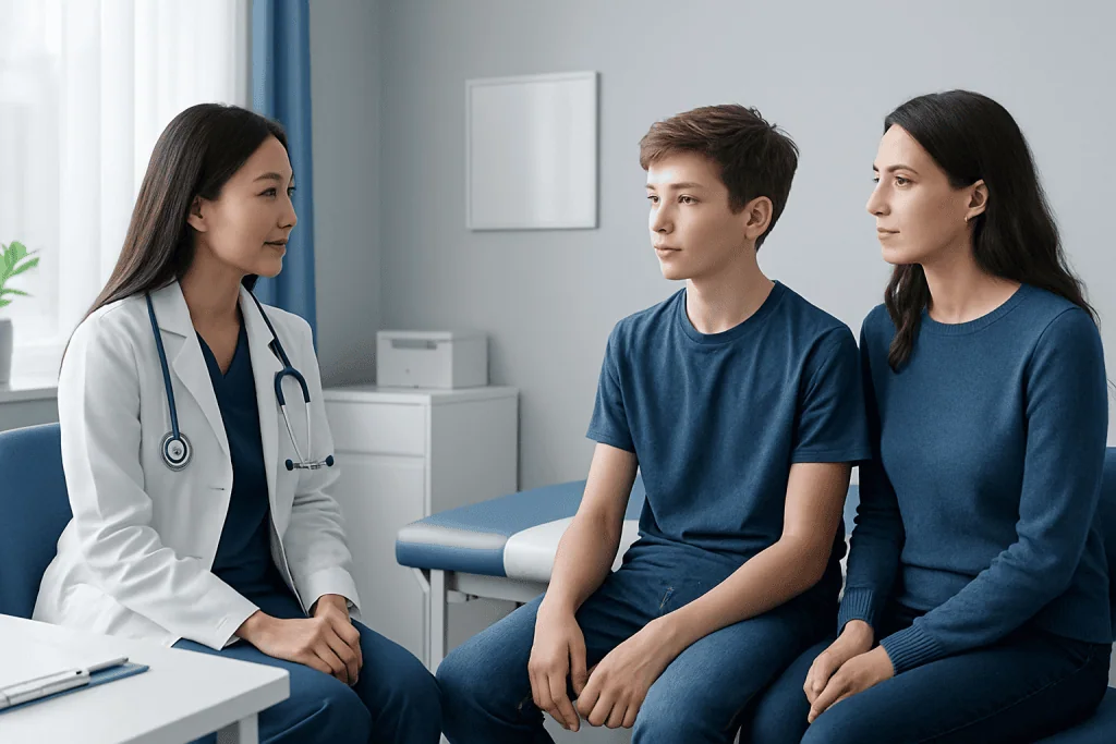 Doctor consulting with a teenage patient and his mother in a hospital room.