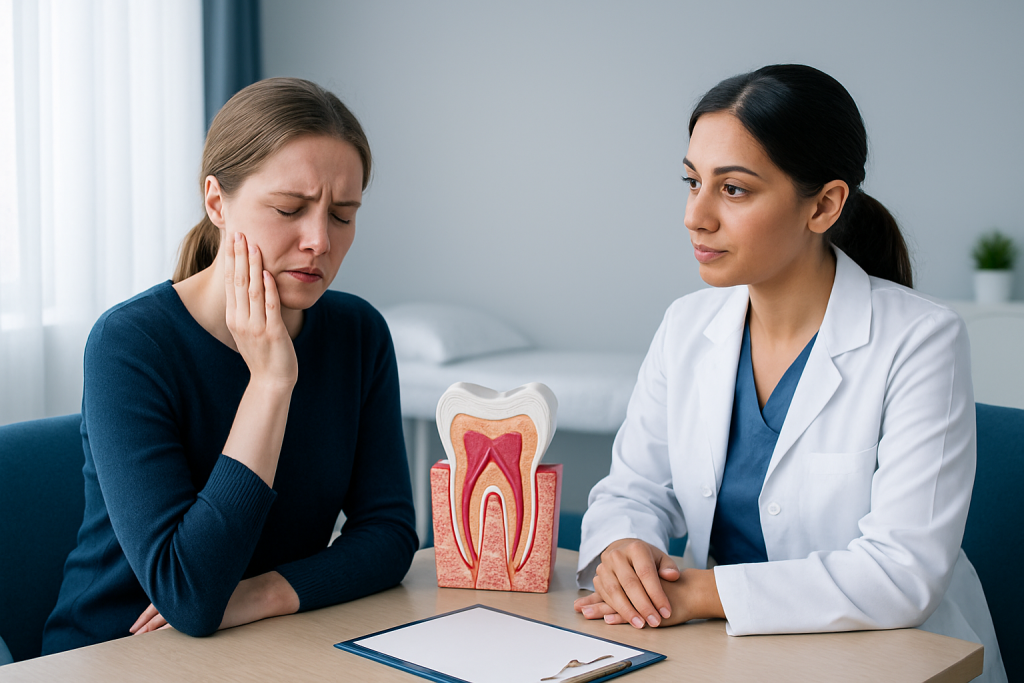 Patient experiencing tooth pain during dental consultation at Acibadem Hospital.