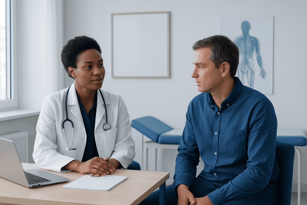 Doctor consulting with a patient in a medical office setting.