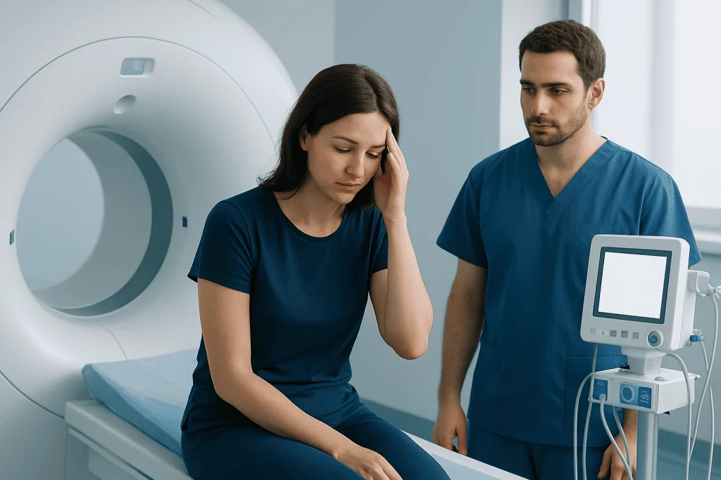 Woman experiencing headache during medical examination at Acibadem Hospital.