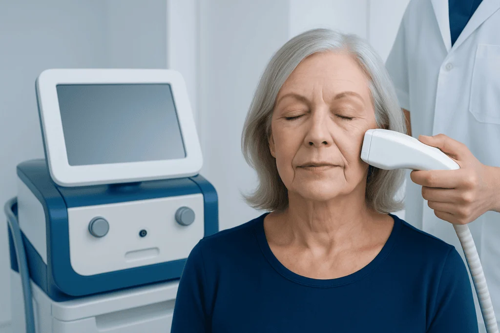 Senior woman receiving skin treatment with a handheld device at a clinic.