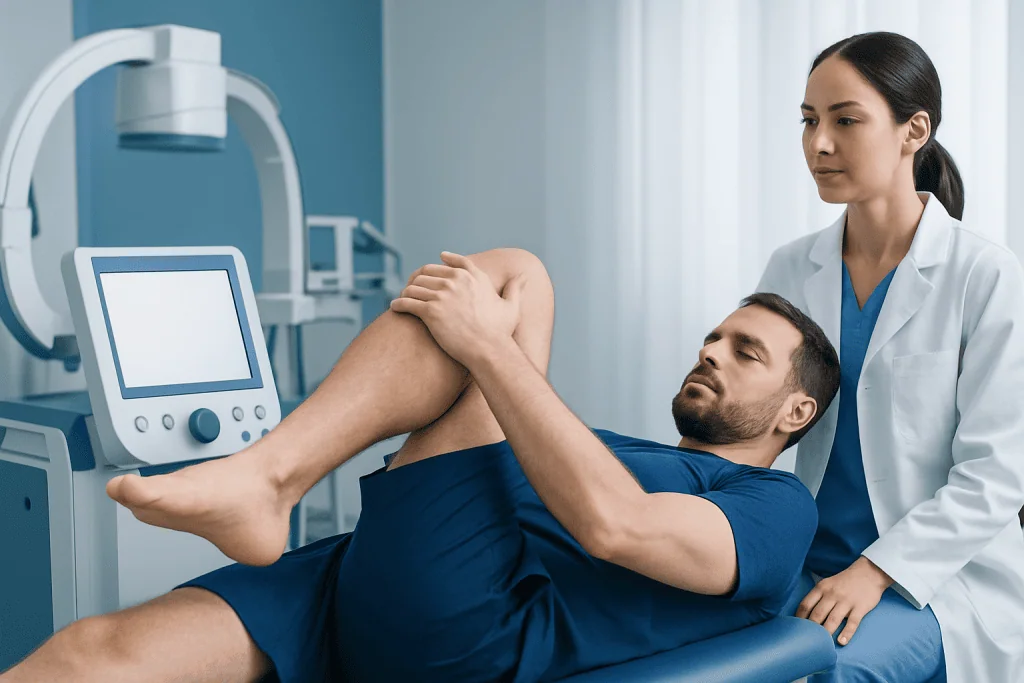Medical professional examining patient's leg during physiotherapy session.