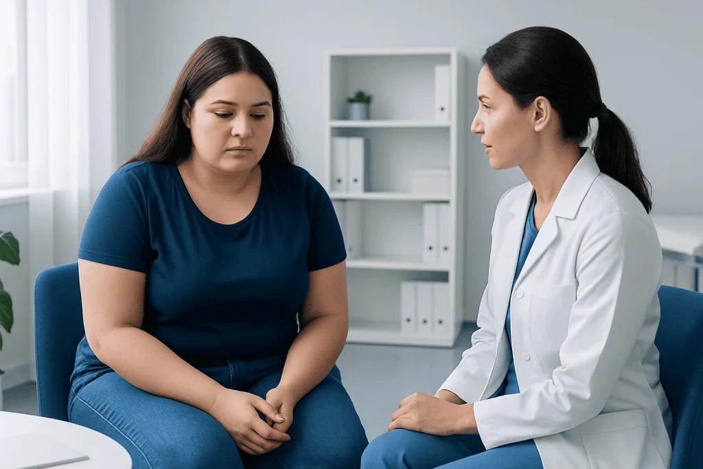 Medical consultation with a female doctor and a patient in a clinical setting.