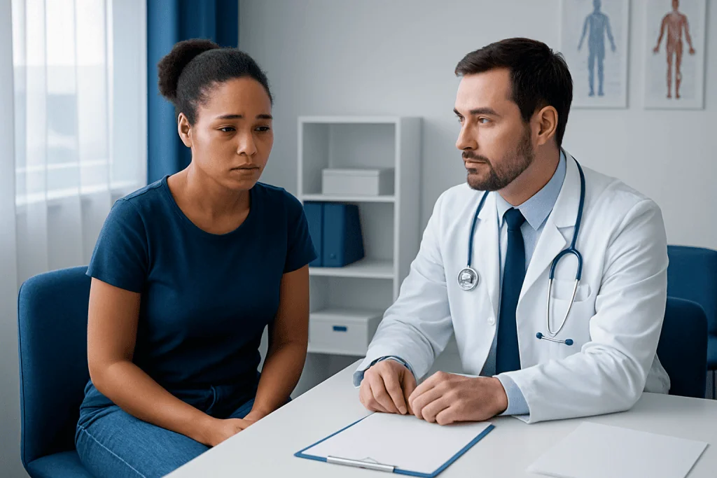 Doctor consulting with a patient about health concerns in a medical office.