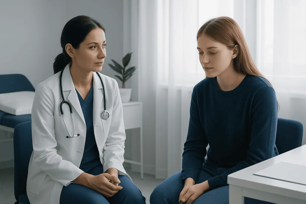Doctor consulting with a young female patient in a medical office.