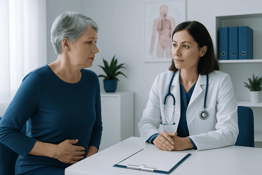 Doctor consulting with an elderly female patient in a medical office.