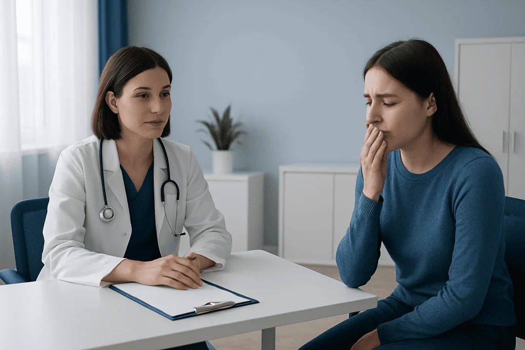 Doctor consulting with a patient about health concerns in a clinical setting.