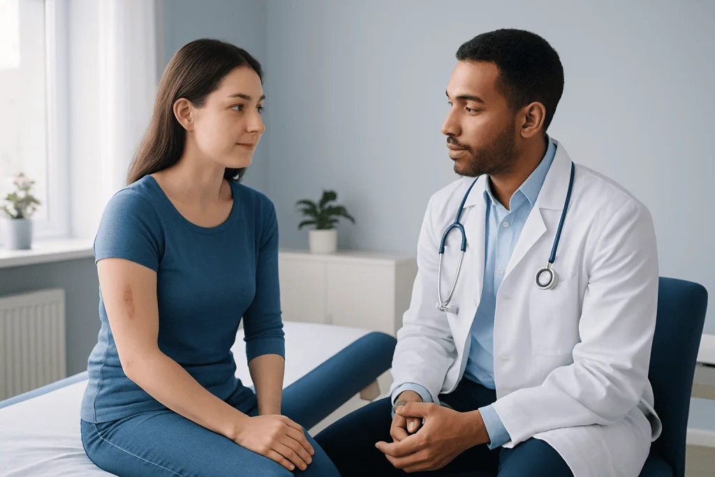 Doctor consulting with a young female patient in a medical office.