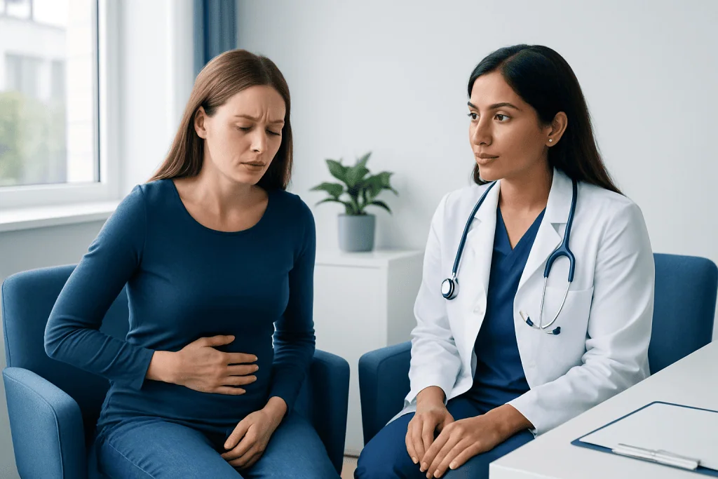Woman experiencing stomach pain during medical consultation at Acibadem Hospital.