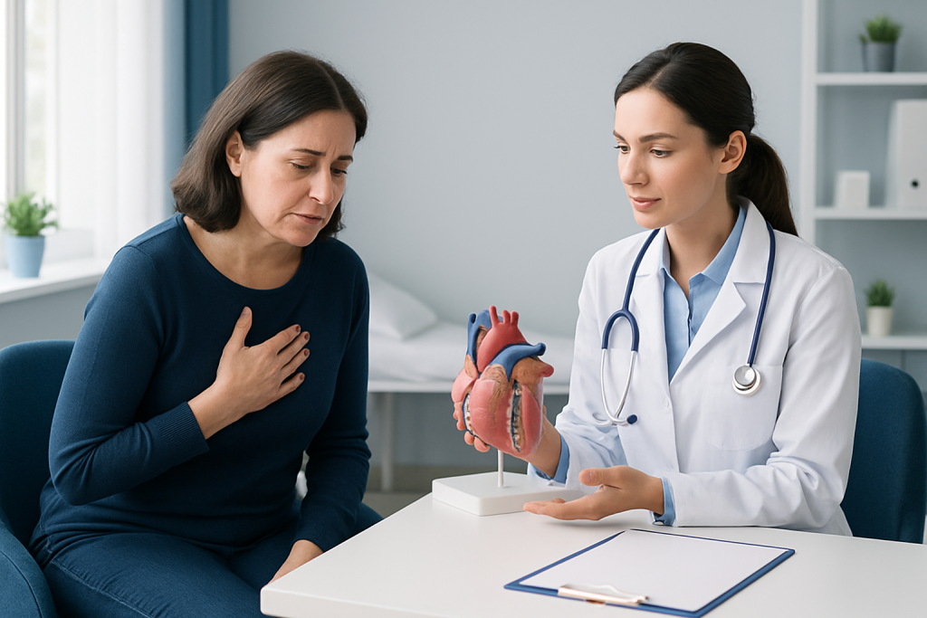 Doctor explaining heart health to a patient with a heart model.
