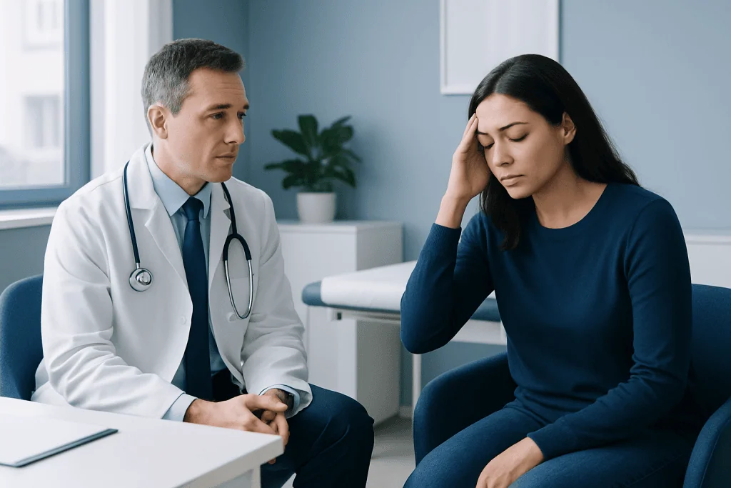 Doctor consulting with a patient about stress and work-life balance.