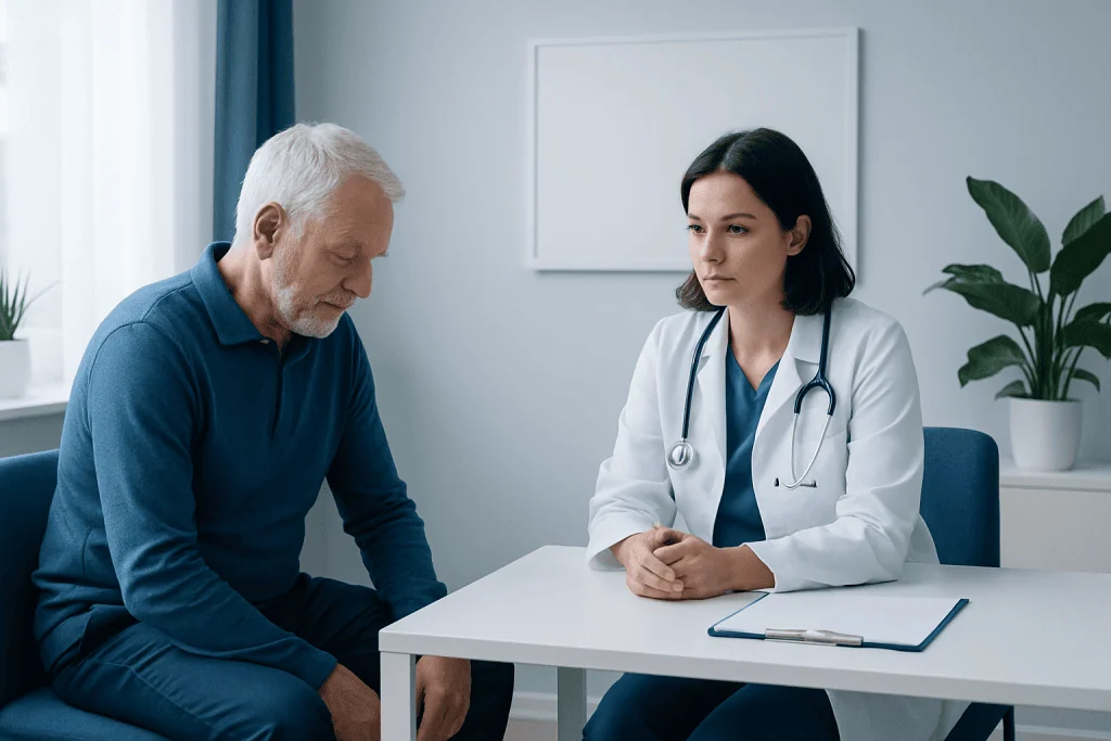 Doctor consulting with an elderly patient in a medical office.