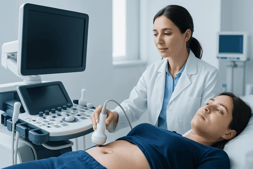 Doctor performing an ultrasound on a patient in a hospital room.