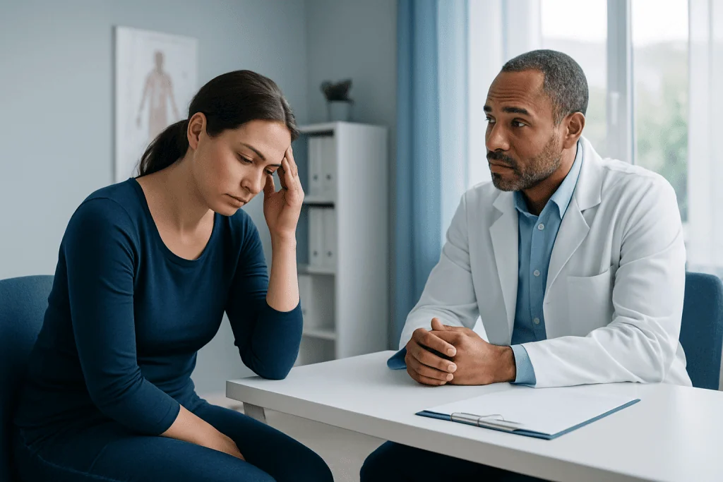 Woman consulting doctor about stress and health concerns in a medical office.