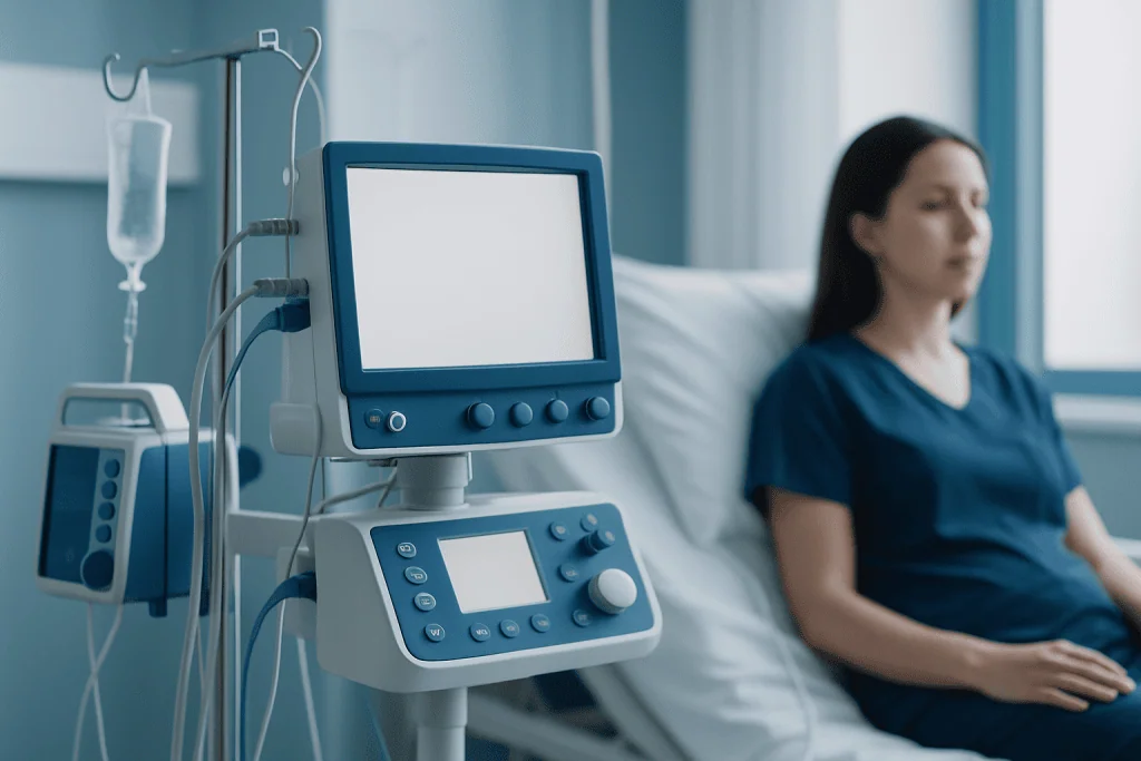 Hospital patient monitor and IV drip in a medical room with a woman patient.