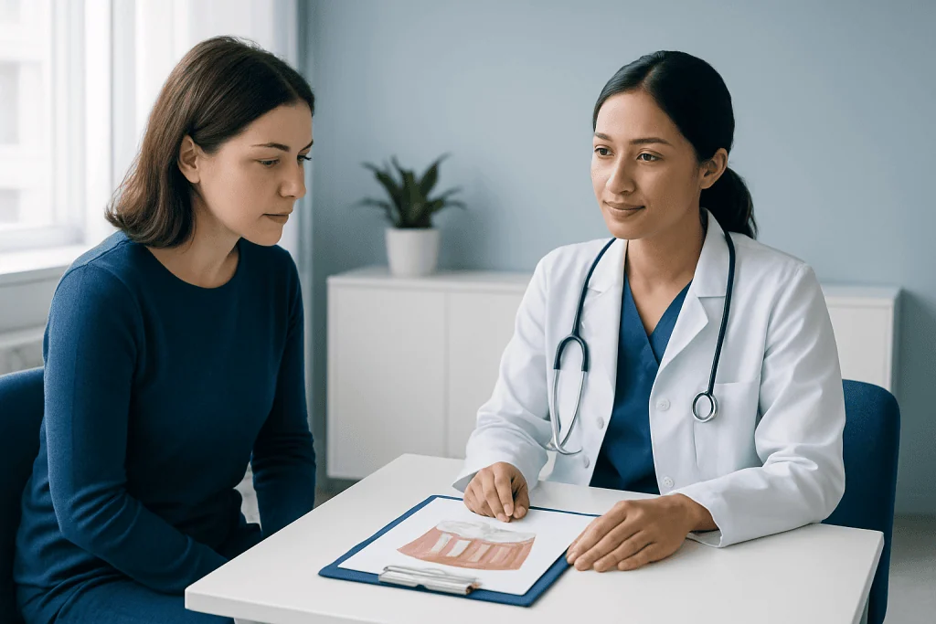 Dentist consulting patient about gum health and treatment options.
