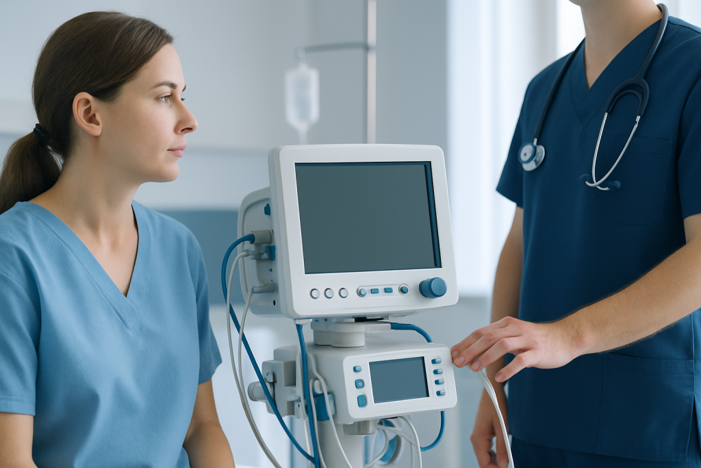 Medical consultation with a nurse and doctor in a hospital setting.