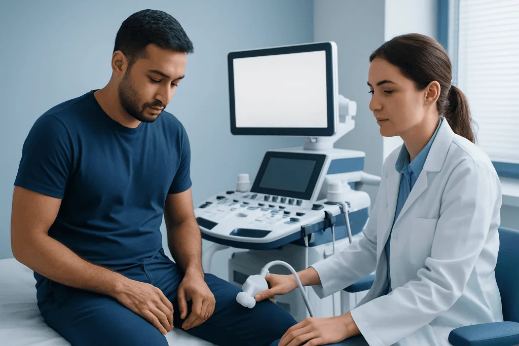 Urologist examines male patient with ultrasound in clinic setting.
