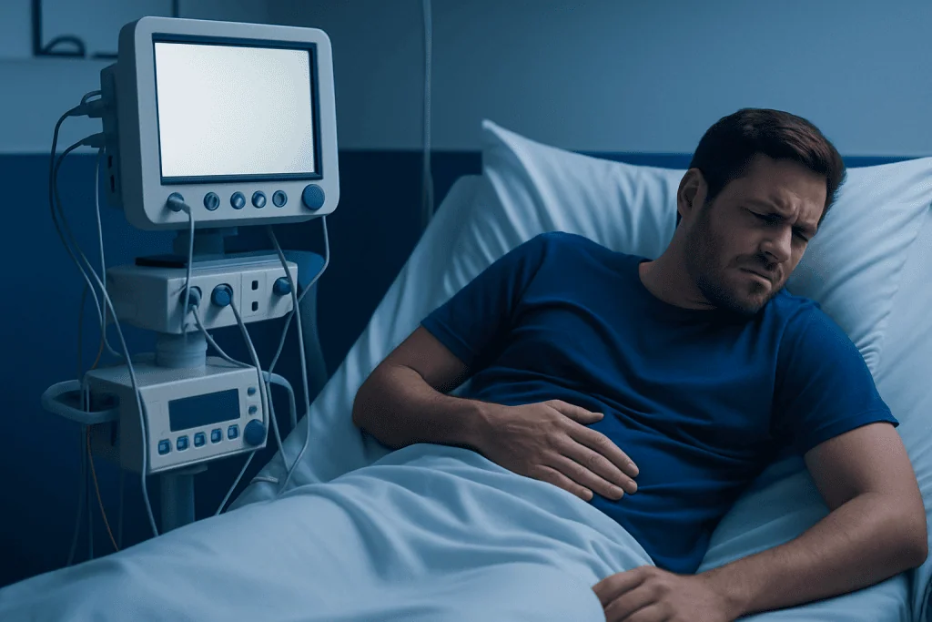 Man in hospital bed experiencing stomach pain at night.