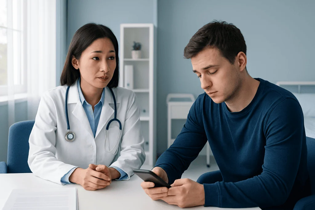Doctor consulting with a young male patient in a medical office.