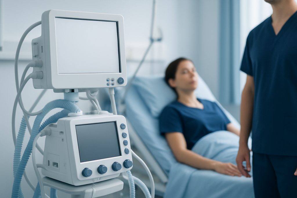 Medical ventilator machine in hospital room with patient and healthcare professional.