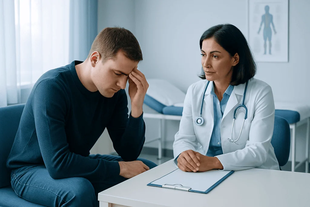 Doctor consulting with a young male patient in a medical office.