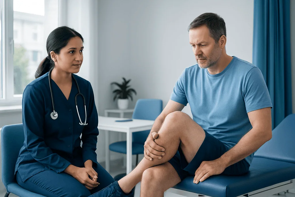 Doctor consulting with patient about knee pain in clinic setting.