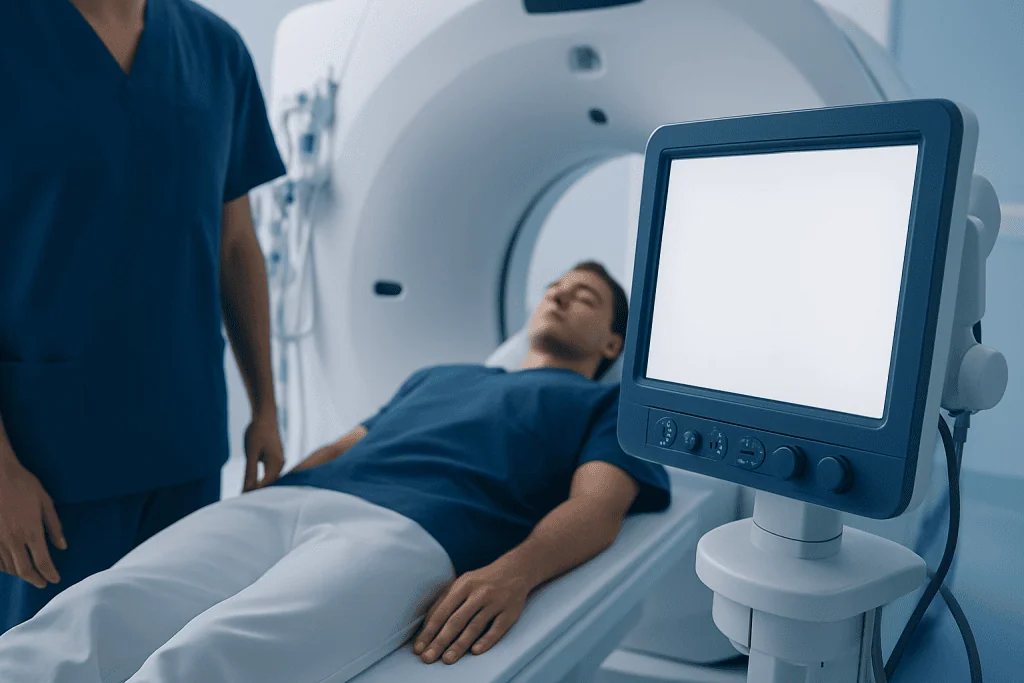 Patient undergoing MRI scan in a hospital setting.
