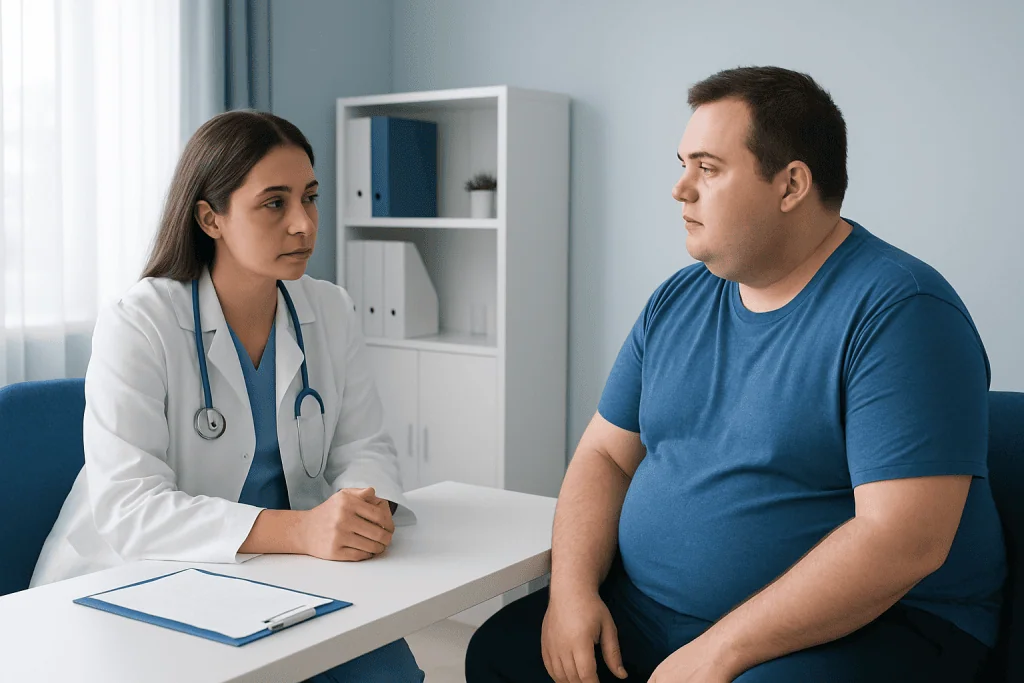 Doctor consulting with overweight male patient in a medical office.