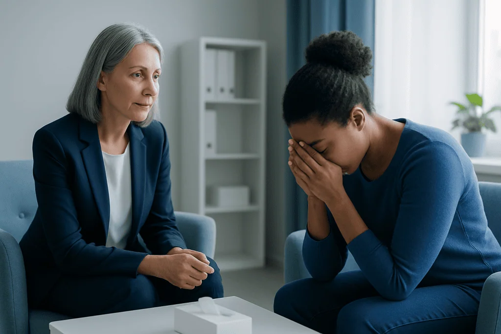 Counselor listening to a young woman in grief during therapy session.