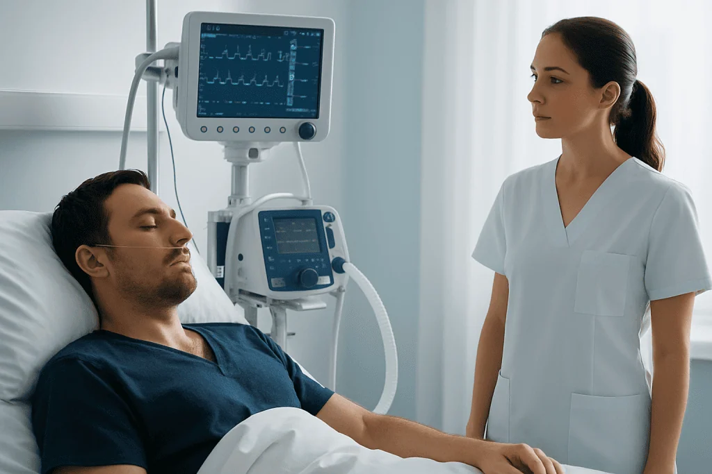 Patient in hospital bed with medical monitor and nurse in a clinical setting.