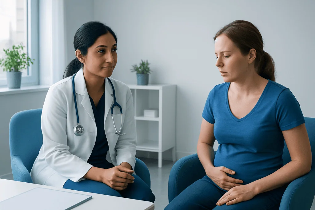 Doctor consulting pregnant woman in a medical office setting.