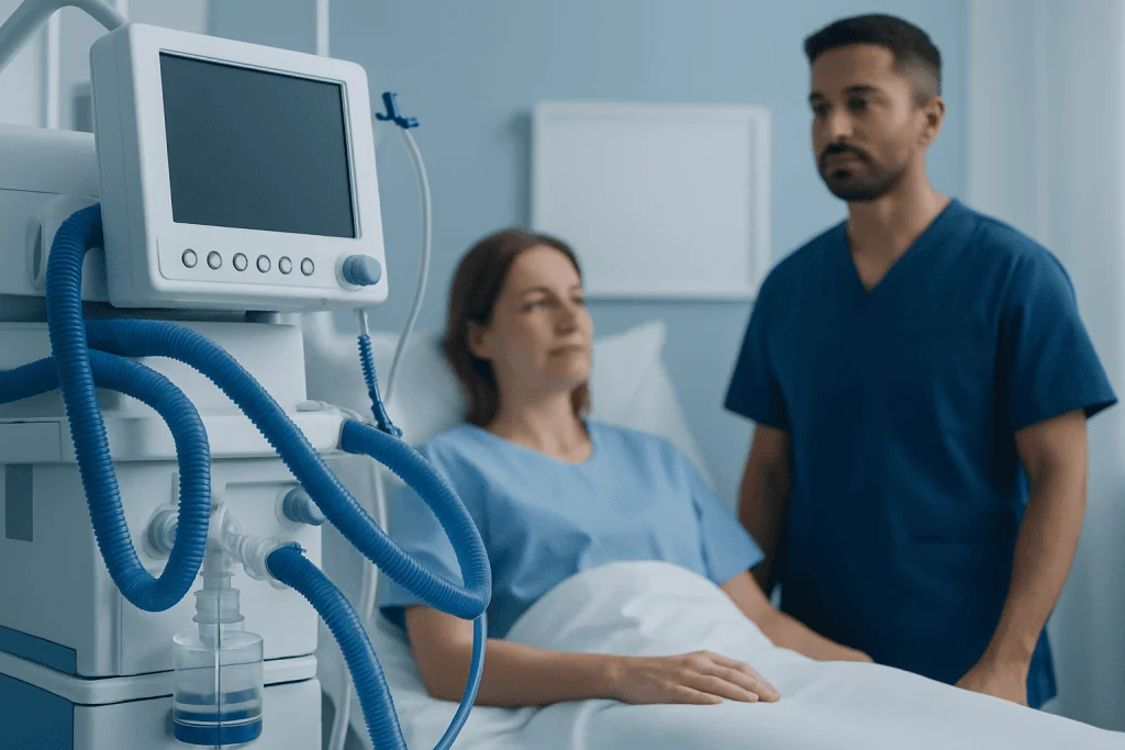 Hospital patient monitor and healthcare professionals in a clinical setting.