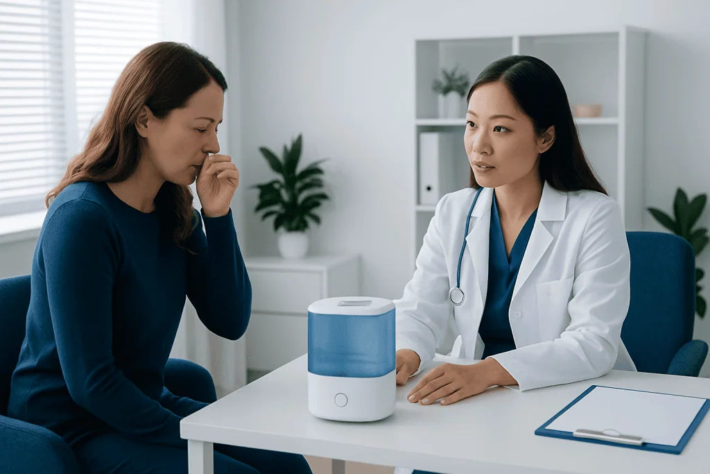 Doctor explains humidifier benefits to patient in a clinic setting.