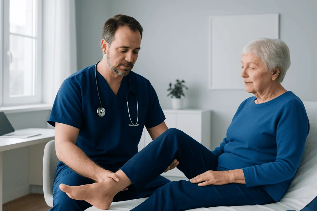 Doctor examining elderly woman's knee for passive range of motion assessment.