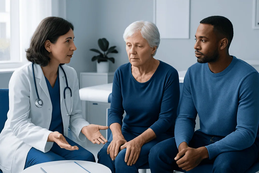Doctor consulting with elderly woman and young man in medical office.