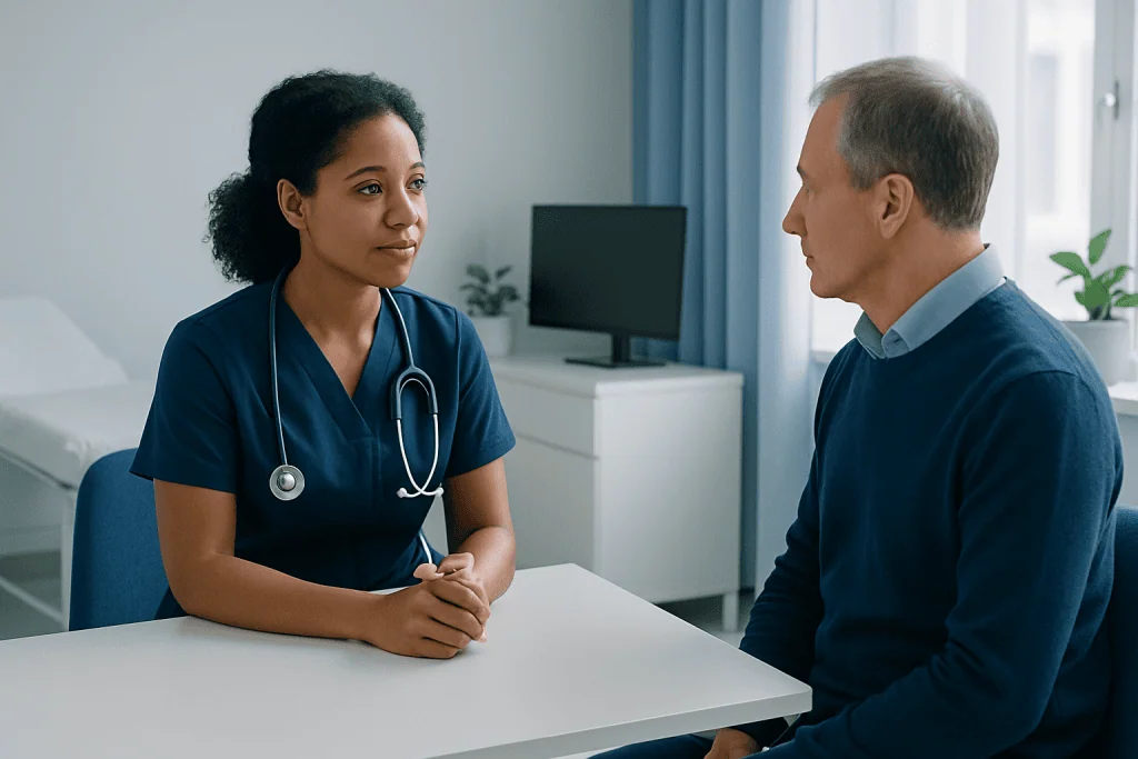 Doctor consulting with a patient in a medical office setting.